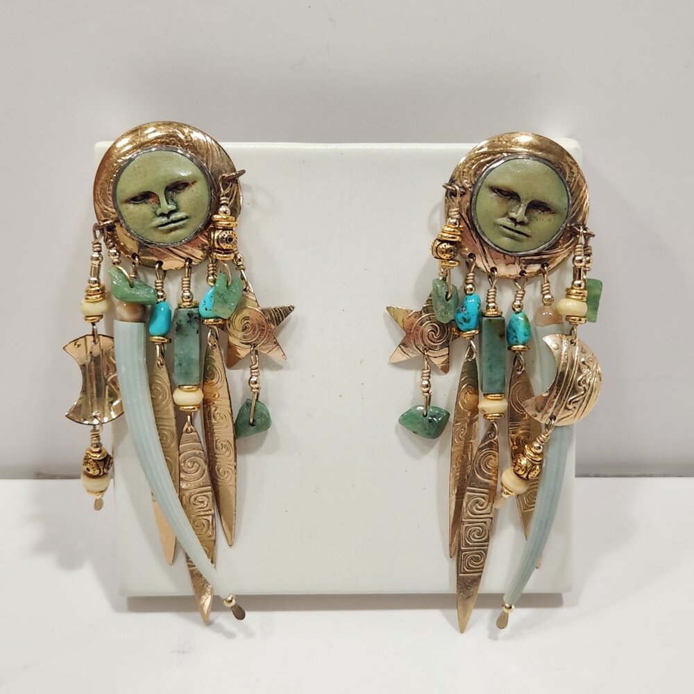 Rare Vintage Gold Tone Tabra "Celestial" Moon Face Pierced Dangle Earrings